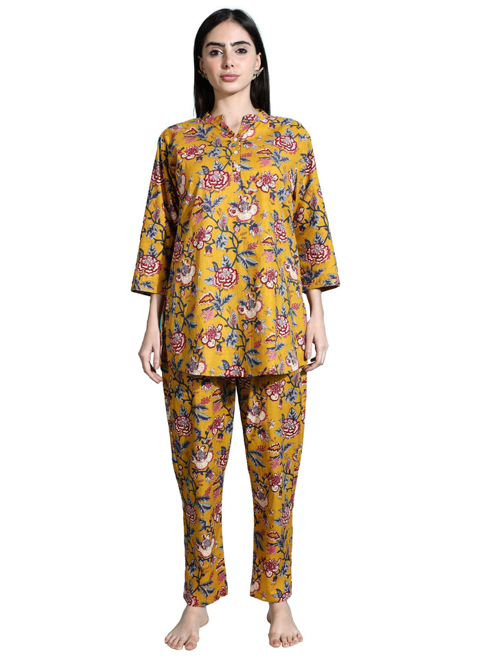 Marigold Yellow Floral Cotton Co-ord Set for Women
