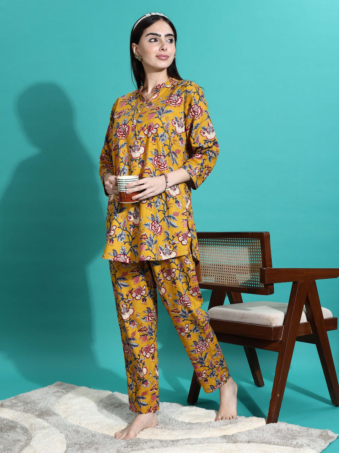 Marigold Yellow Floral Cotton Co-ord Set for Women