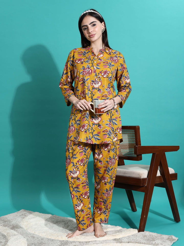 Marigold Yellow Floral Cotton Co-ord Set for Women