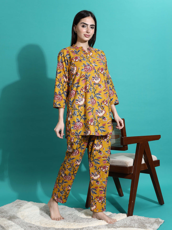 Marigold Yellow Floral Cotton Co-ord Set for Women