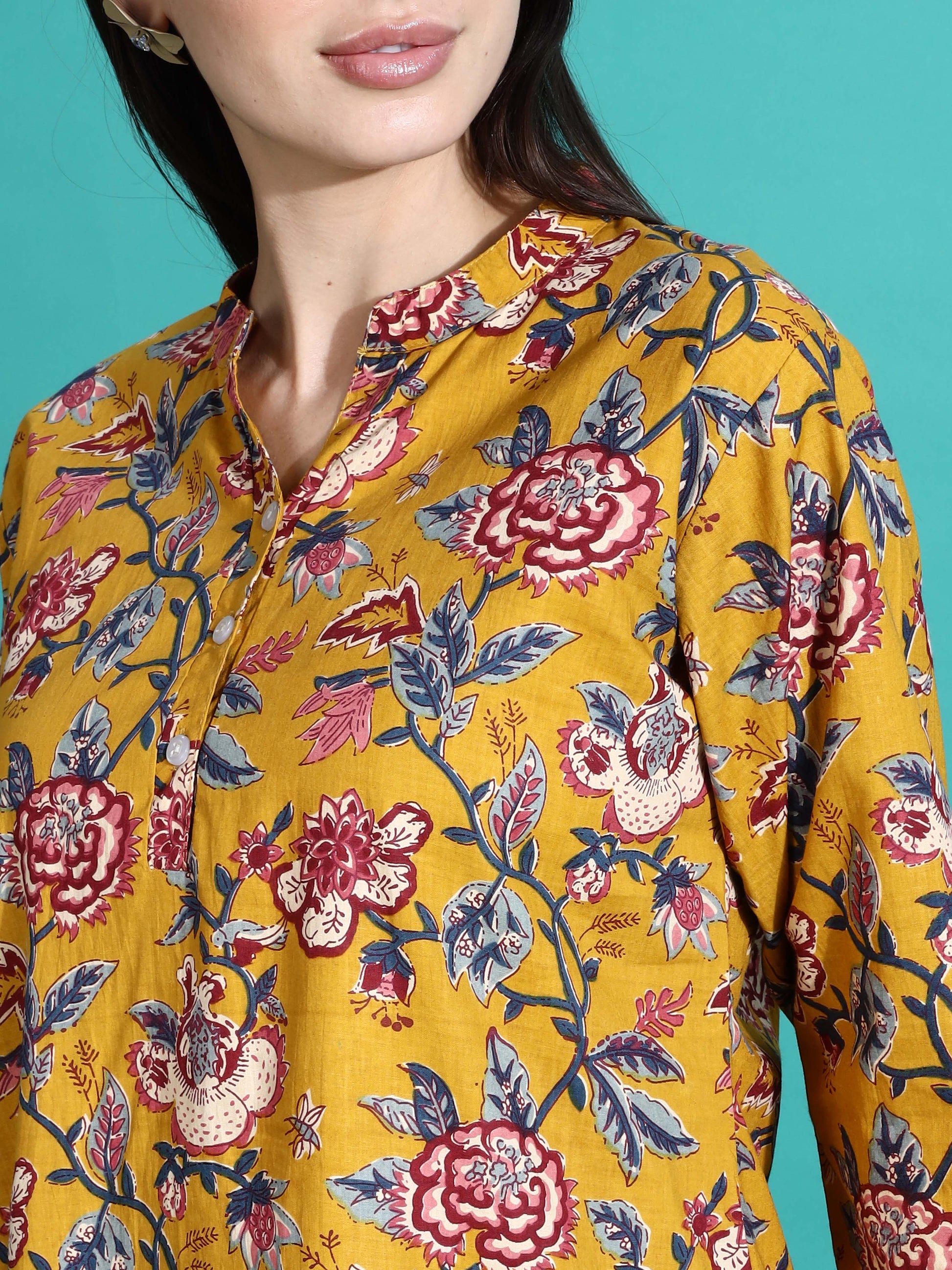 Marigold Yellow Floral Cotton Co-ord Set for Women