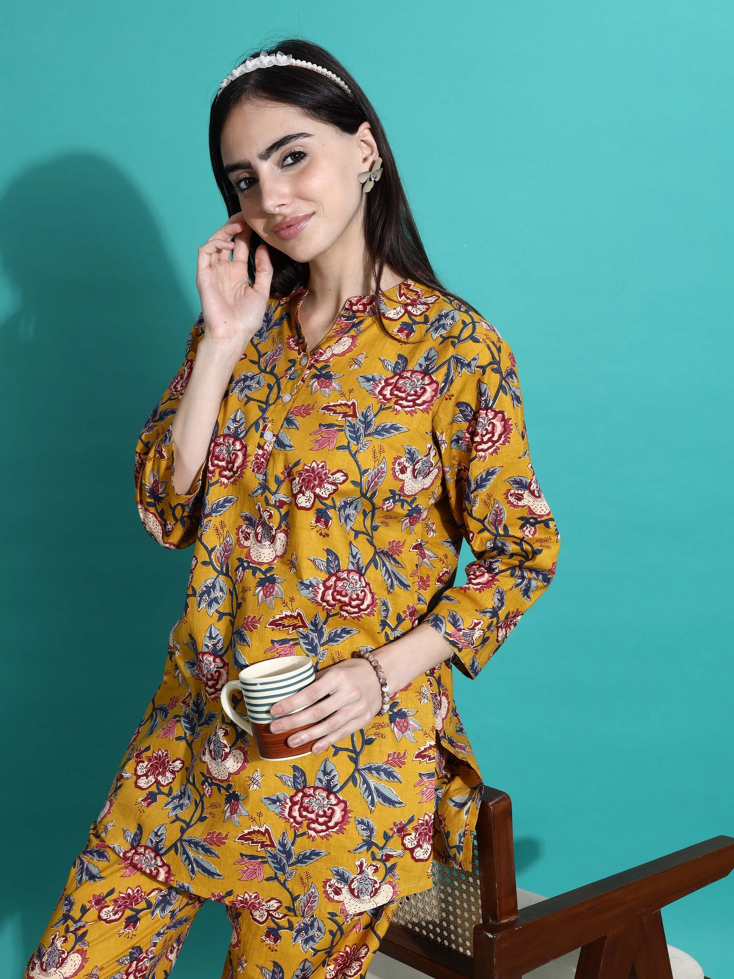 Marigold Yellow Floral Cotton Co-ord Set for Women