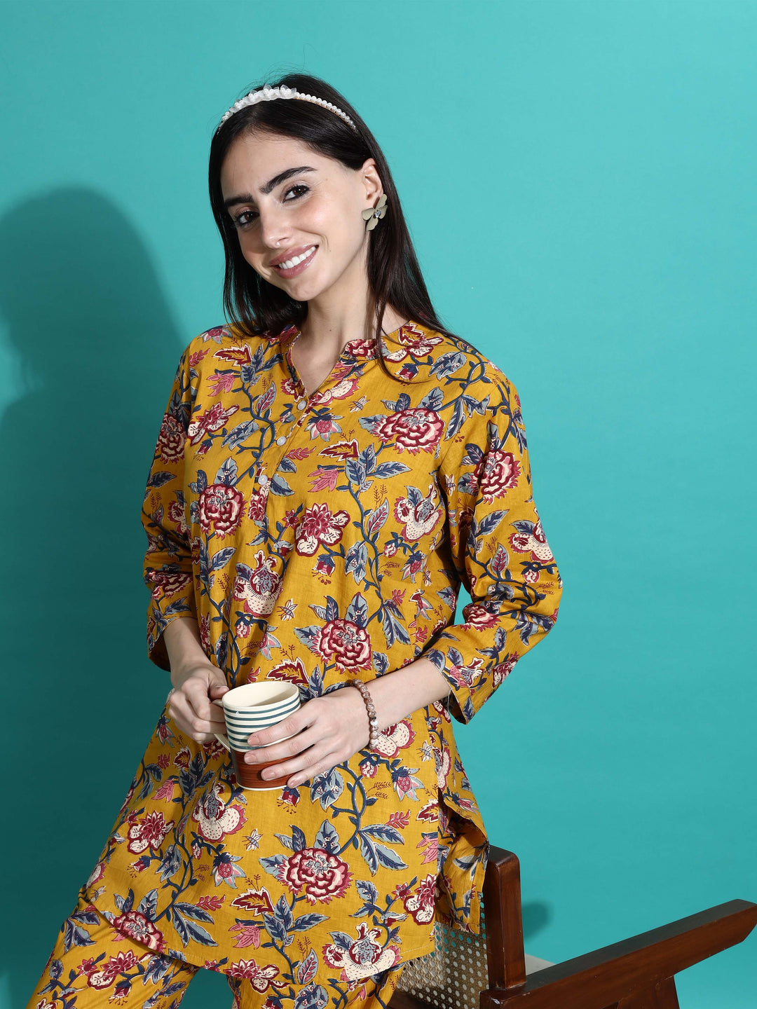 Marigold Yellow Floral Cotton Co-ord Set for Women