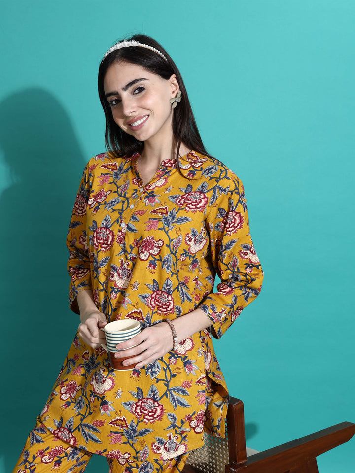 Marigold Yellow Floral Cotton Co-ord Set for Women