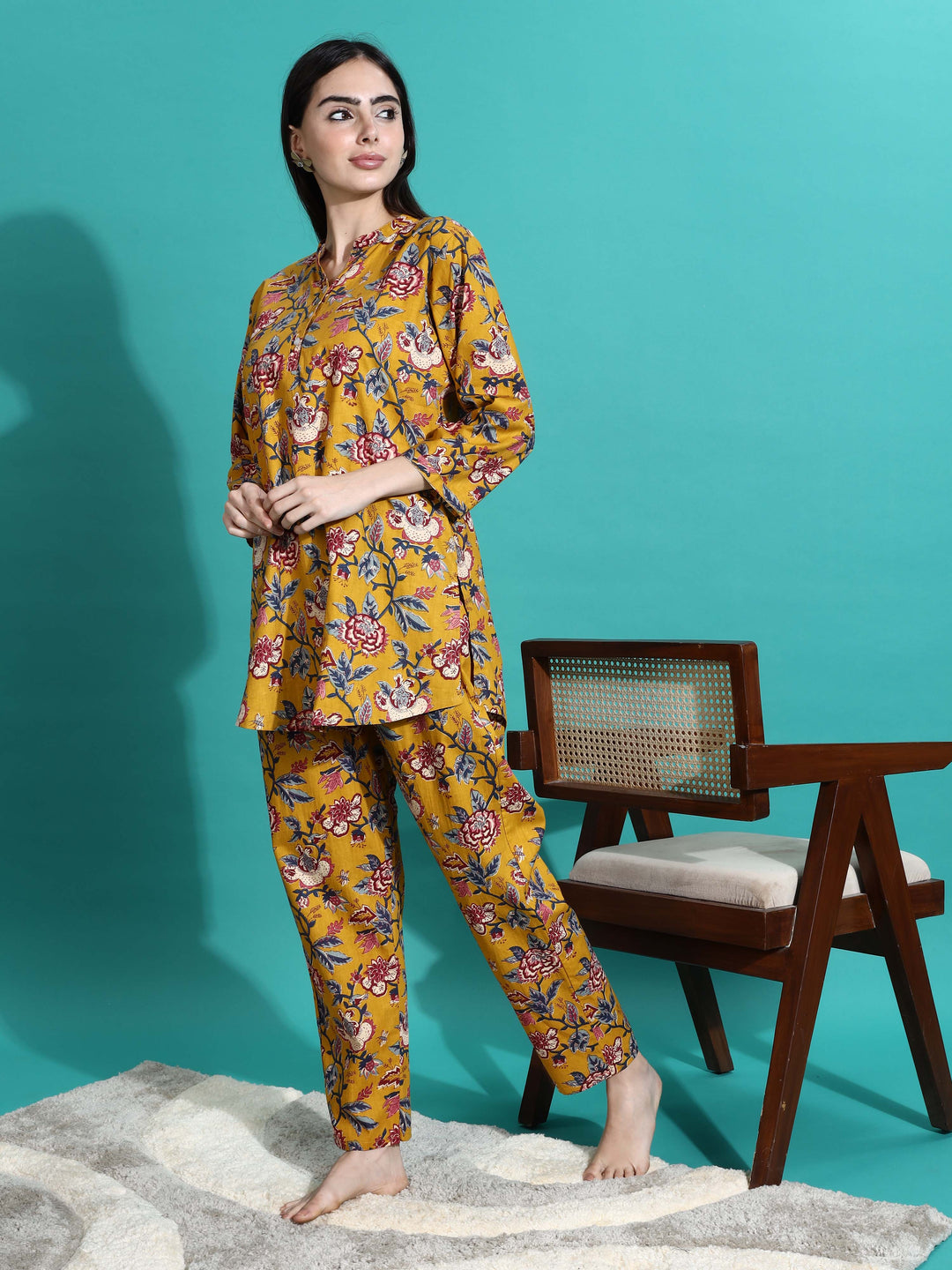 Marigold Yellow Floral Cotton Co-ord Set for Women