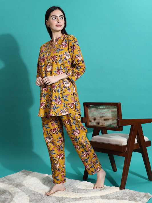 Marigold Yellow Floral Cotton Co-ord Set for Women