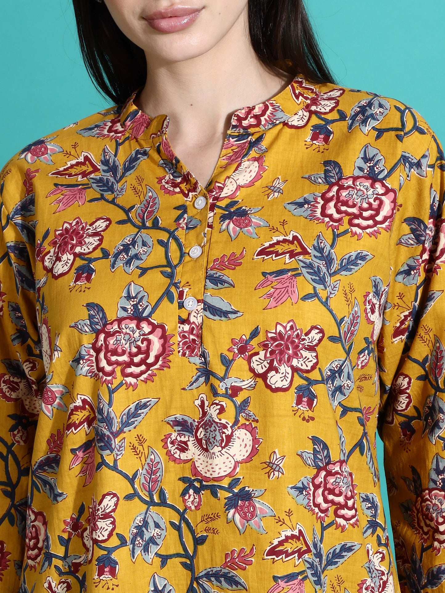 Marigold Yellow Floral Cotton Co-ord Set for Women
