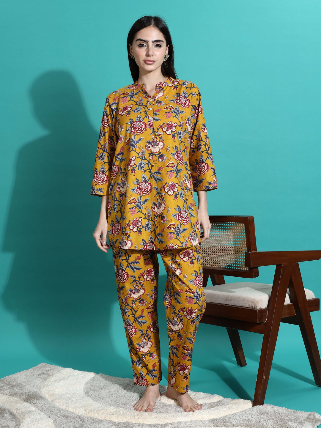 Marigold Yellow Floral Cotton Co-ord Set for Women