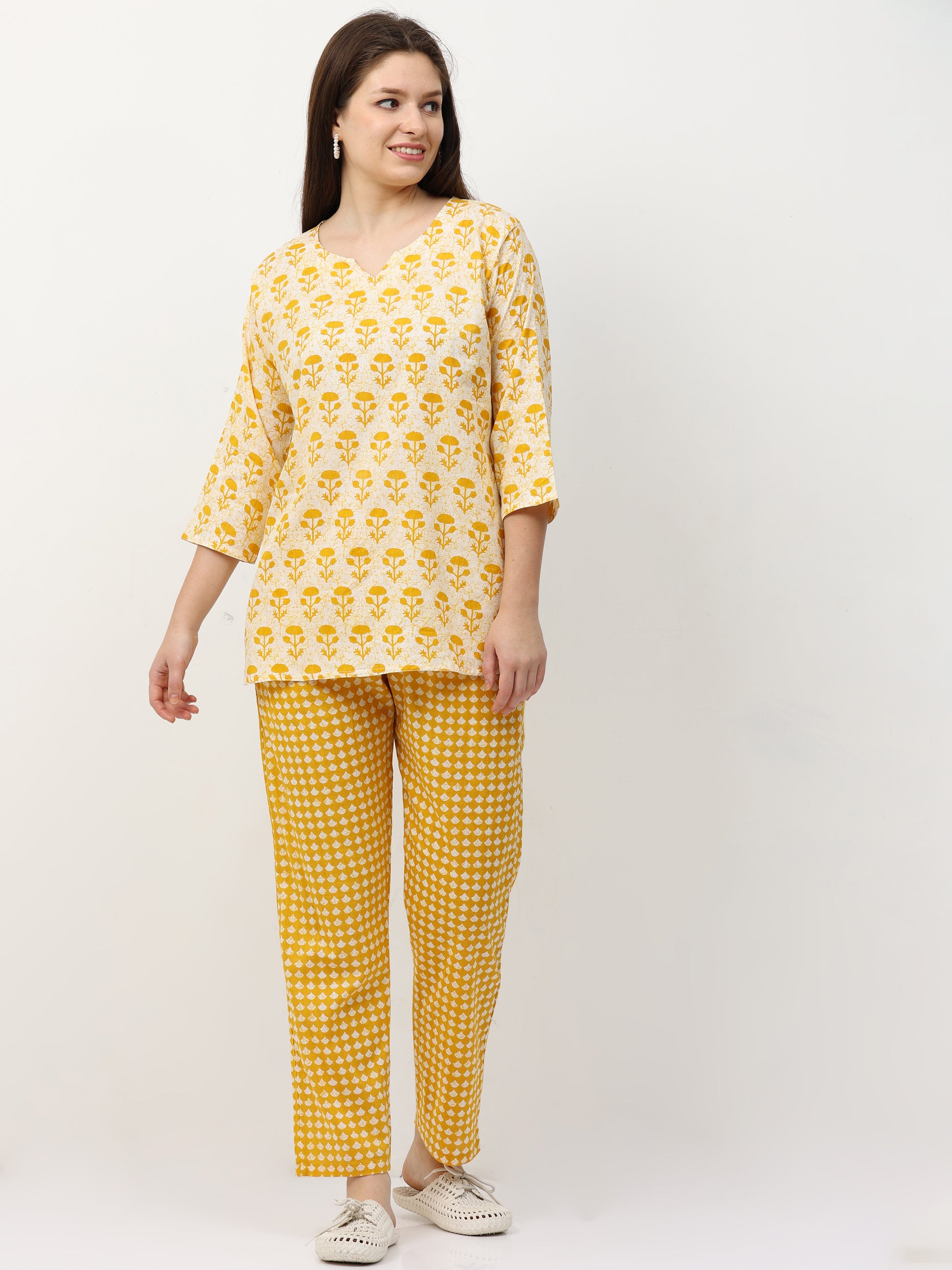 Sunburst Yellow Pure Cotton Branded Night Suit for Women