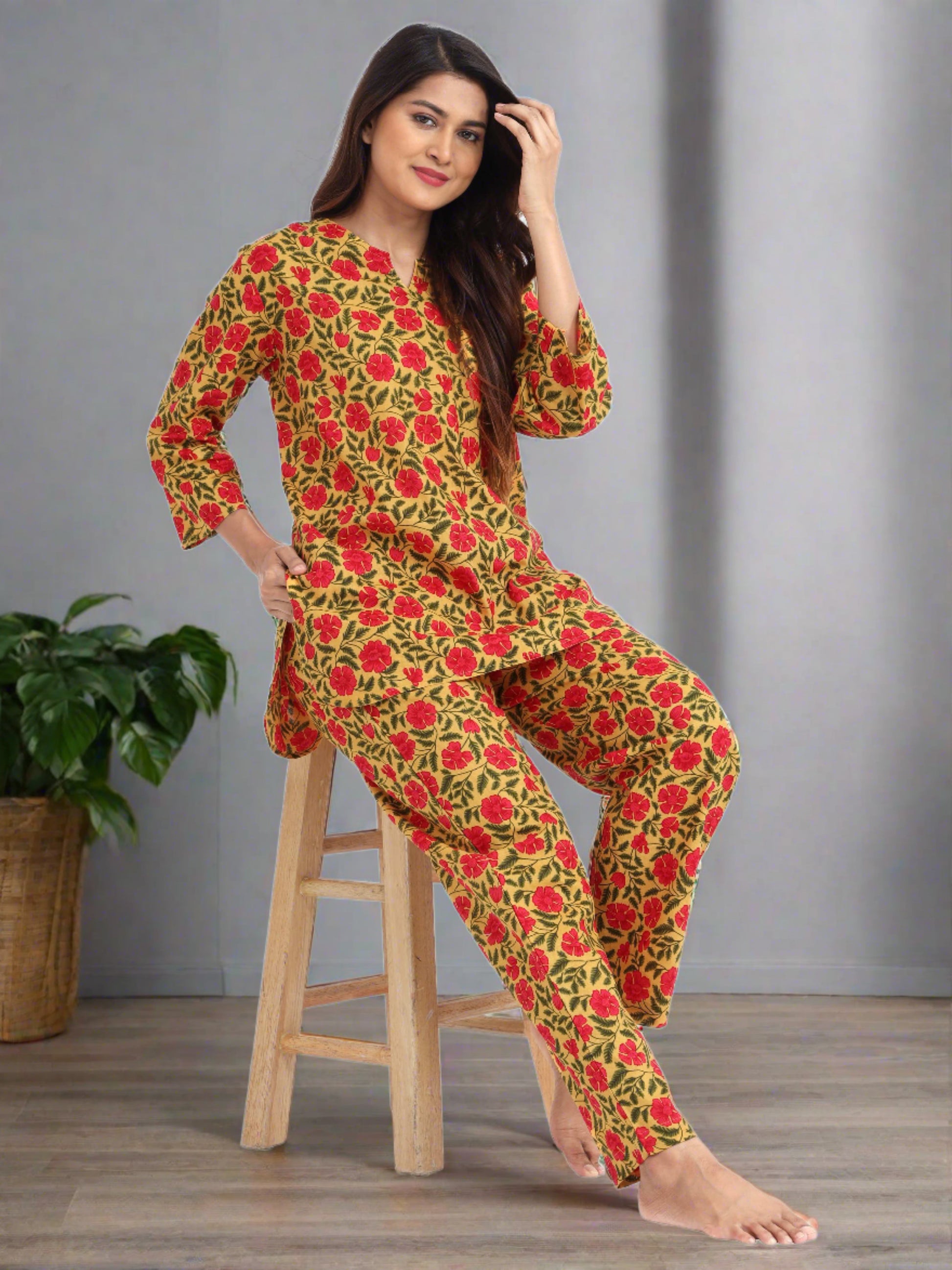 Traditional Yellow Red Pure Cotton Pajama Sets for Women