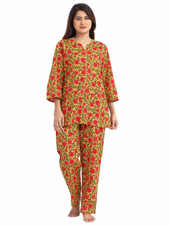 Traditional Yellow Red Pure Cotton Pajama Sets for Women