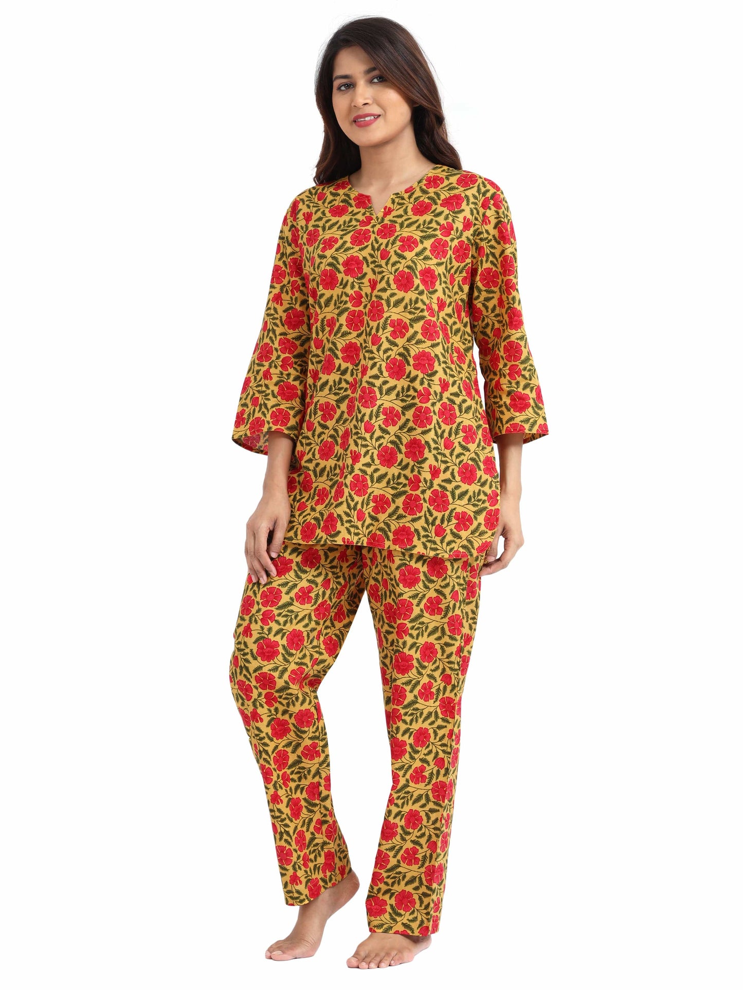 Traditional Yellow Red Pure Cotton Pajama Sets for Women