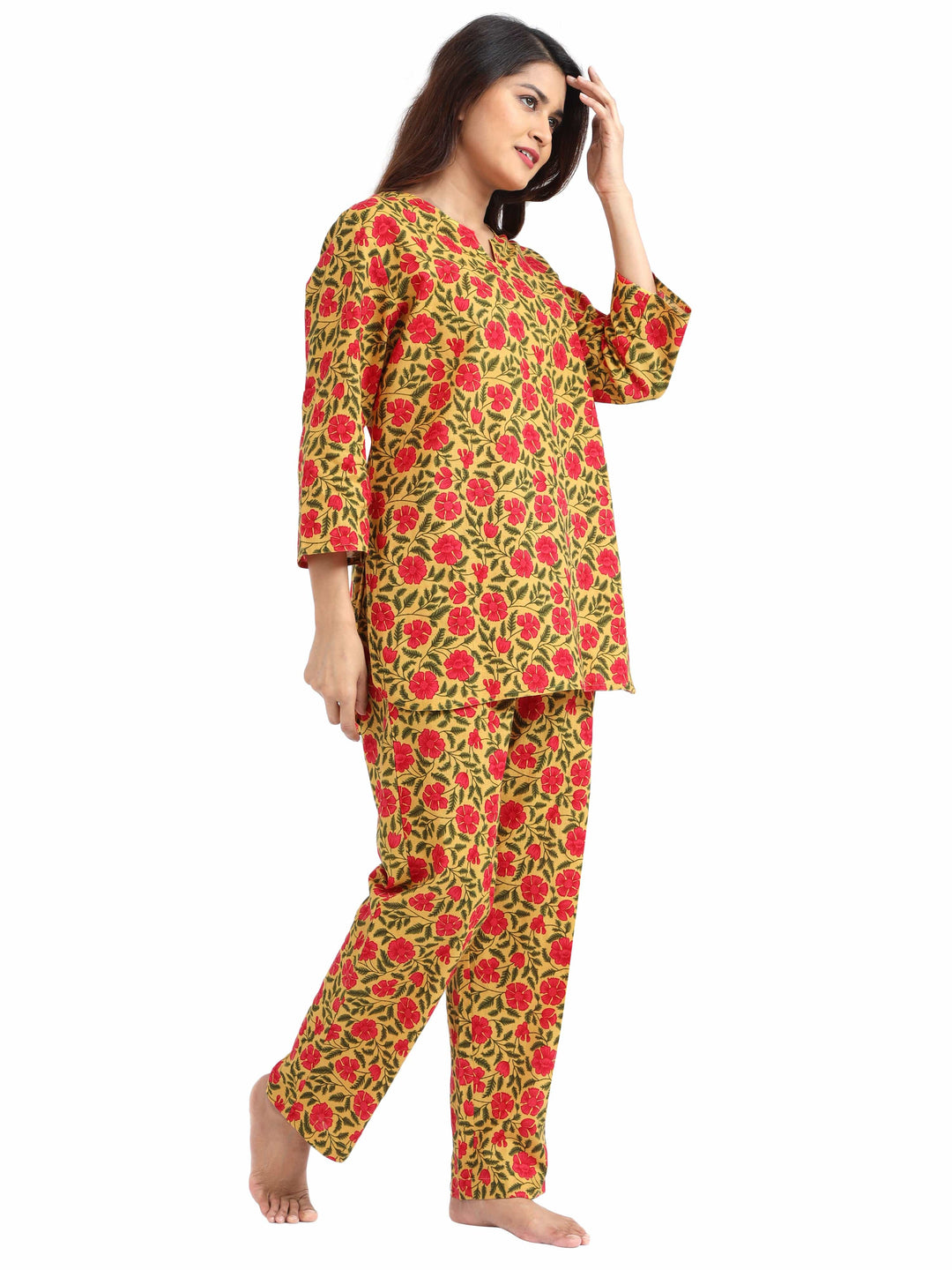 Traditional Yellow Red Pure Cotton Pajama Sets for Women