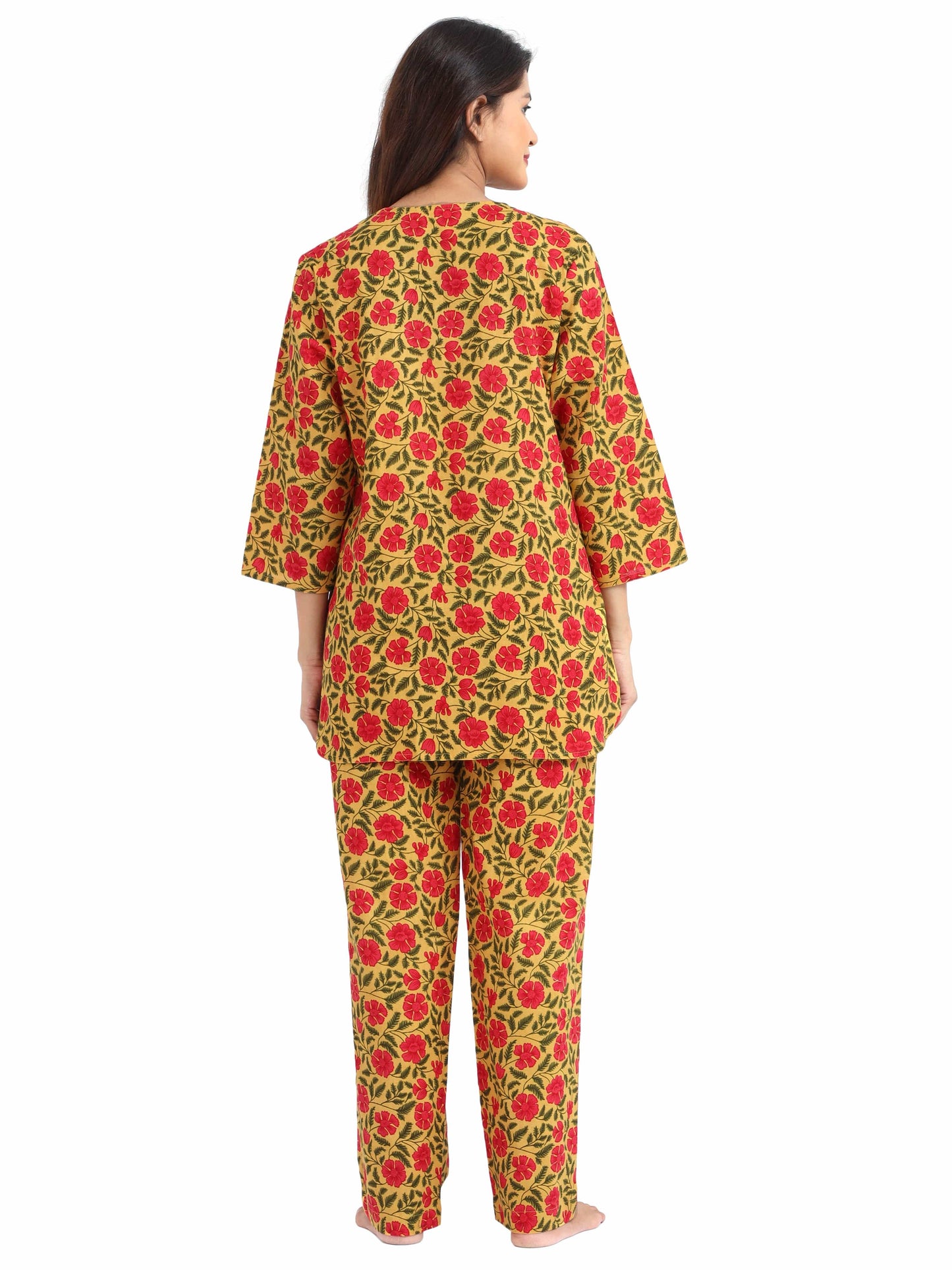 Traditional Yellow Red Pure Cotton Pajama Sets for Women