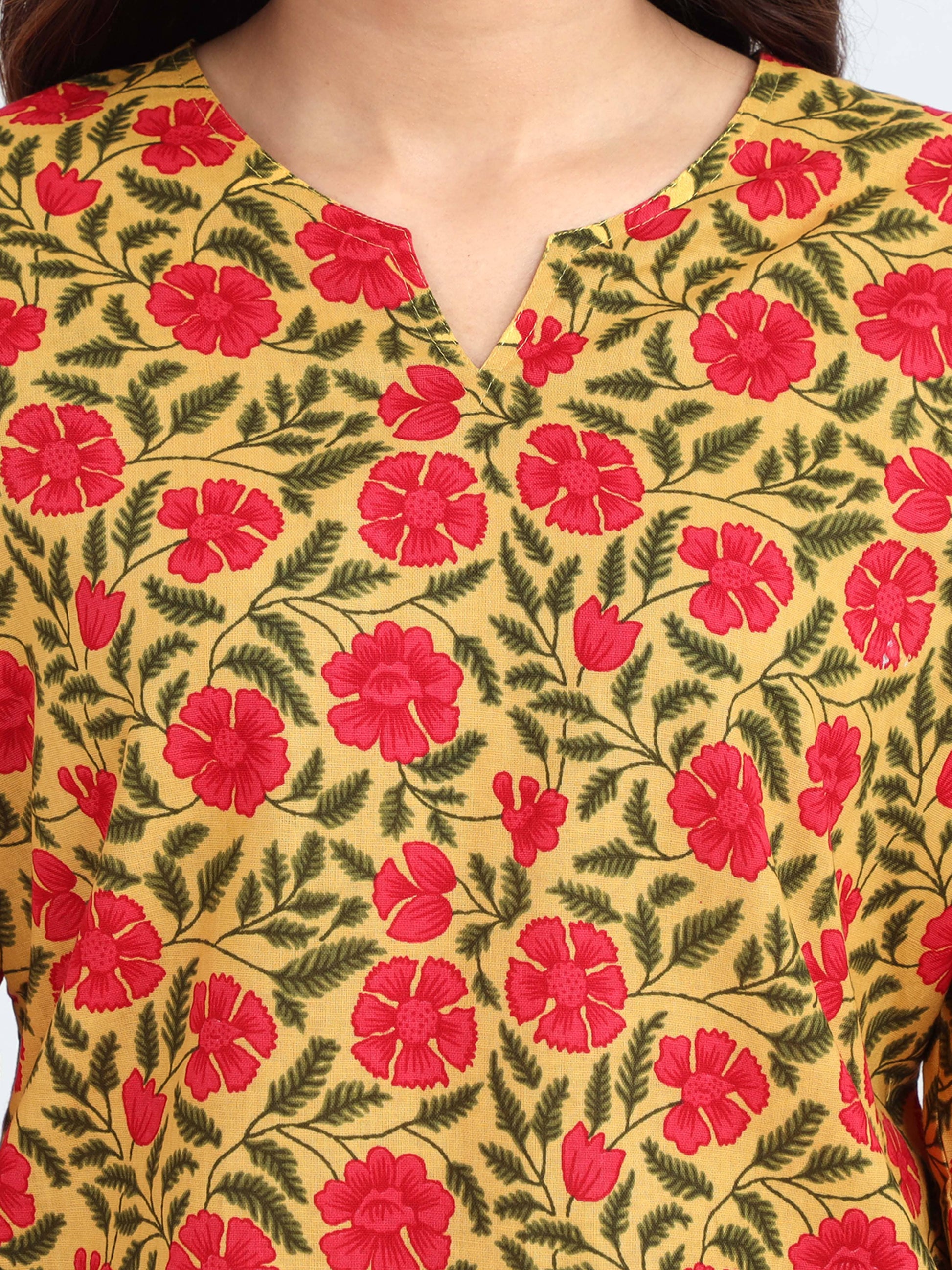 Traditional Yellow Red Pure Cotton Pajama Sets for Women