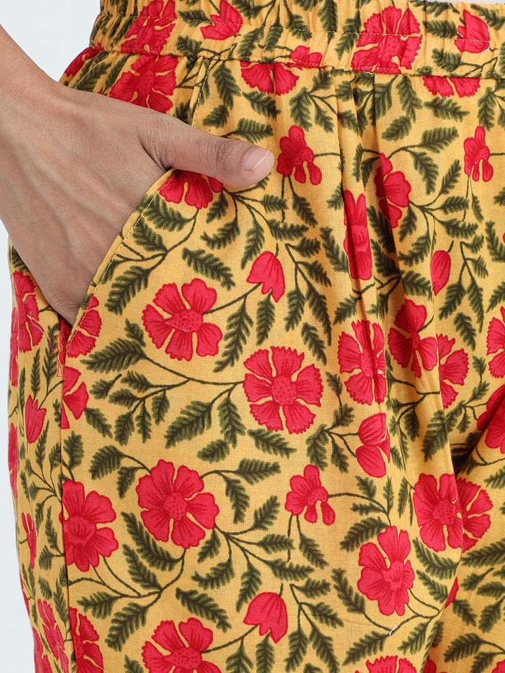 Traditional Yellow Red Pure Cotton Pajama Sets for Women