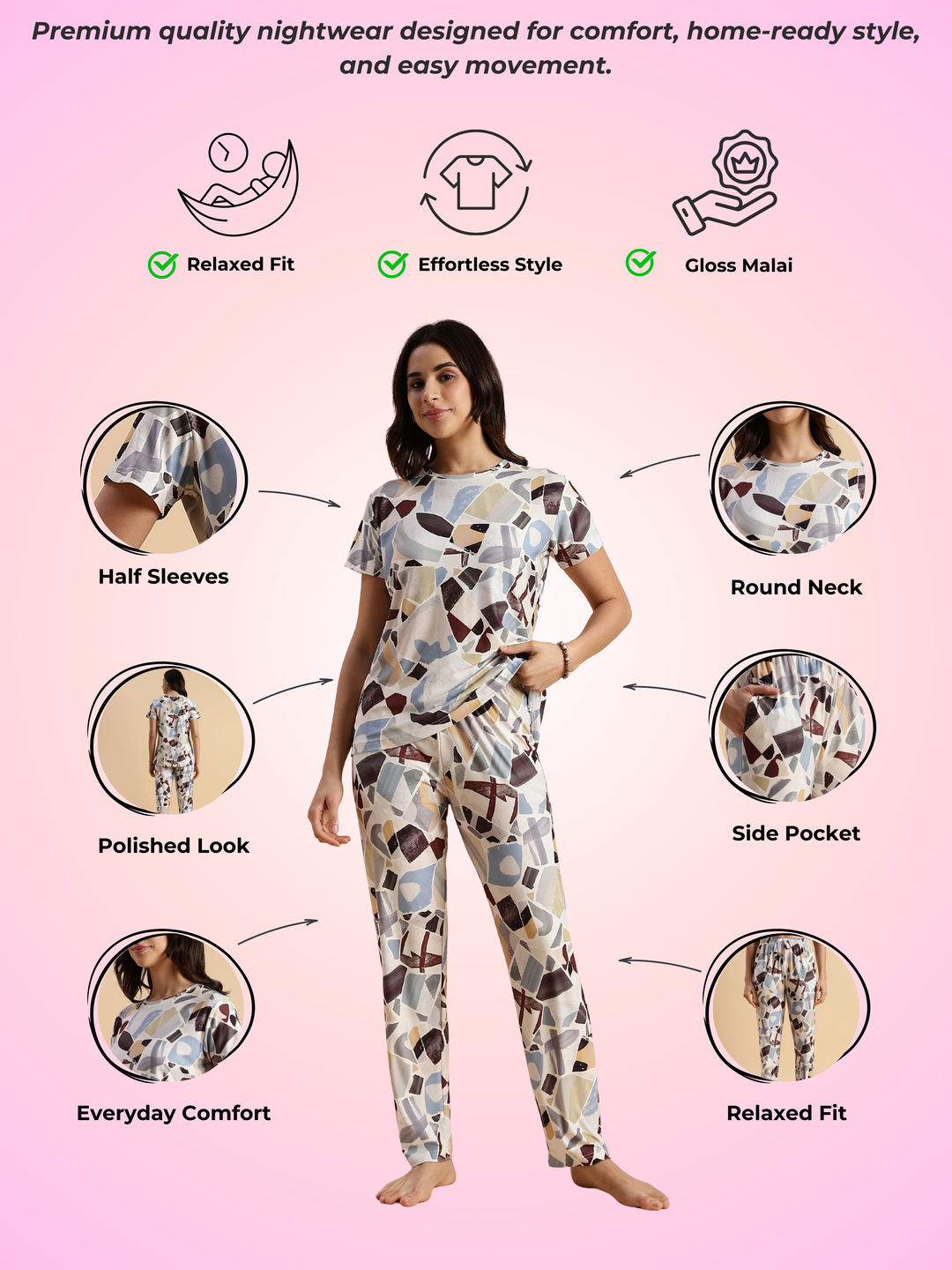 Art print gloss soft loungewear and pj set for women