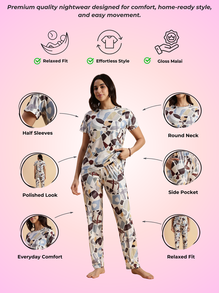 Art print gloss soft loungewear and pj set for women
