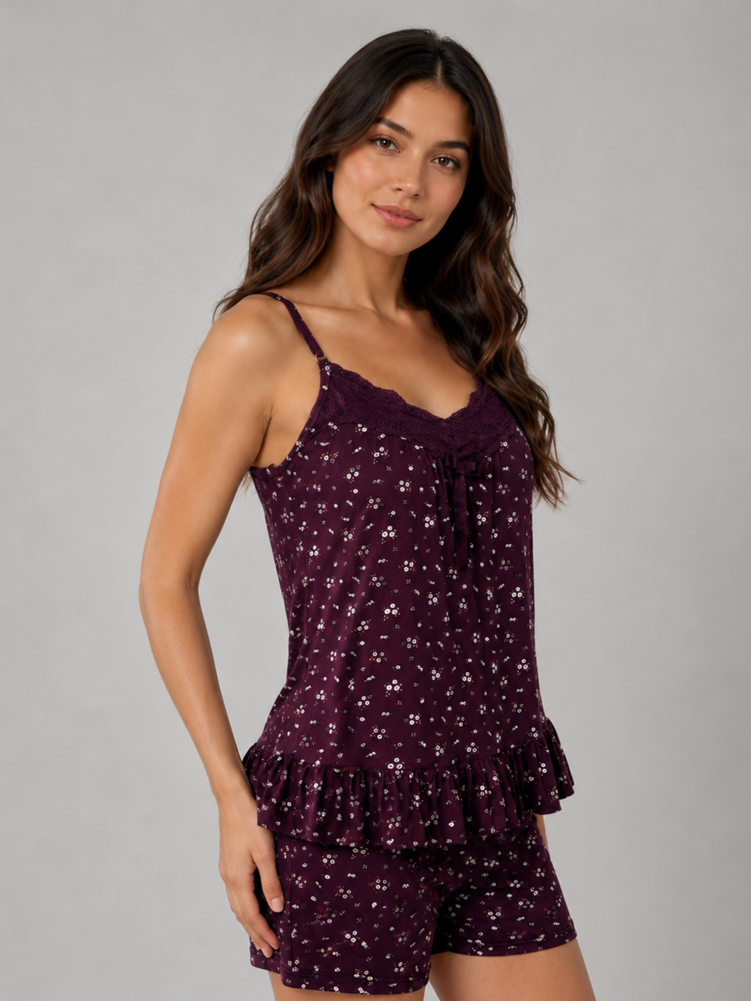 Velvet plum babydoll dress set with lace top and matching shorts.