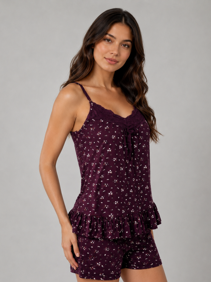 Velvet plum babydoll dress set with lace top and matching shorts.