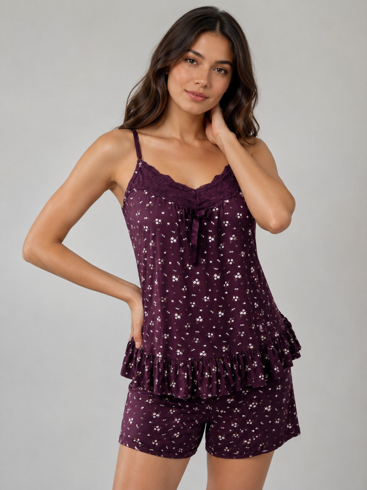Velvet plum babydoll dress set with lace top and matching shorts.