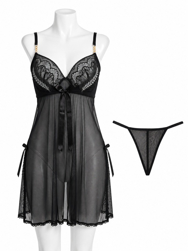 Black powernet babydoll dress with lace back online