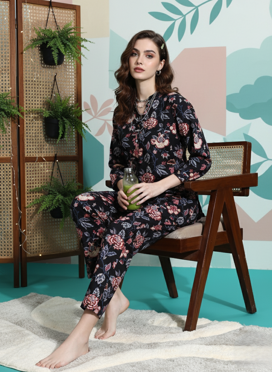 Midnight Black Cotton Co-ord Set for Girls