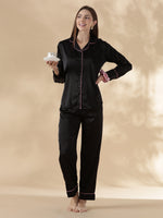 Midnight Moir Satin Long Sleeve Loungewear And Pajama Set with Fluid Drape