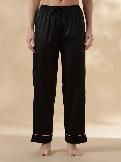 Midnight black long sleeve satin night suit for women