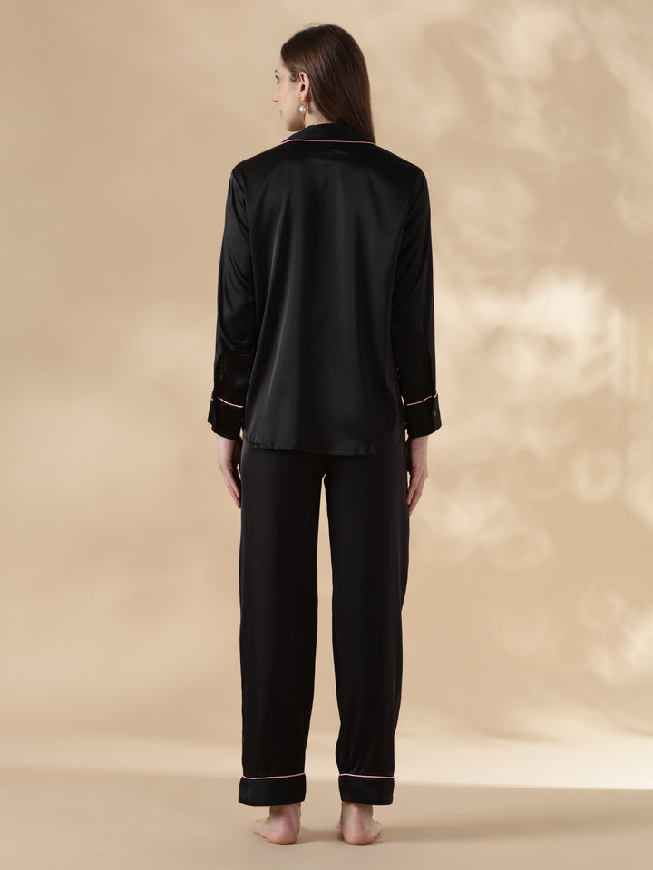 Midnight black long sleeve satin night suit for women