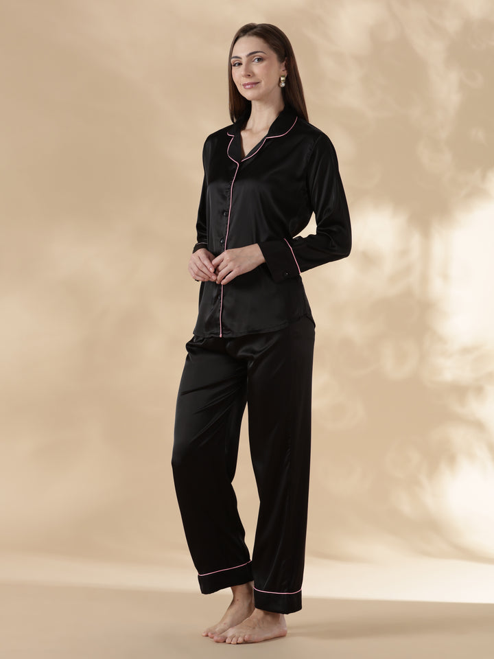Midnight black long sleeve satin night suit for women