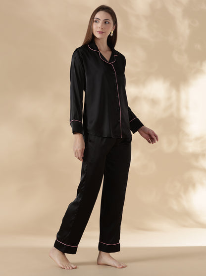 Midnight black long sleeve satin night suit for women