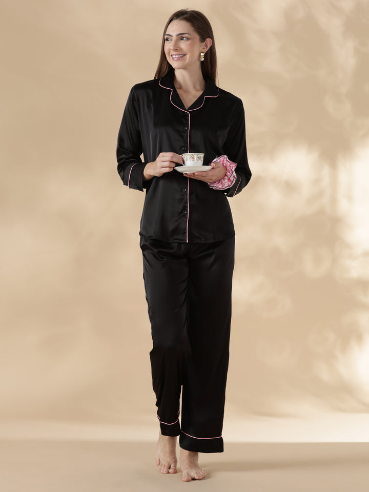 Midnight black long sleeve satin night suit for women