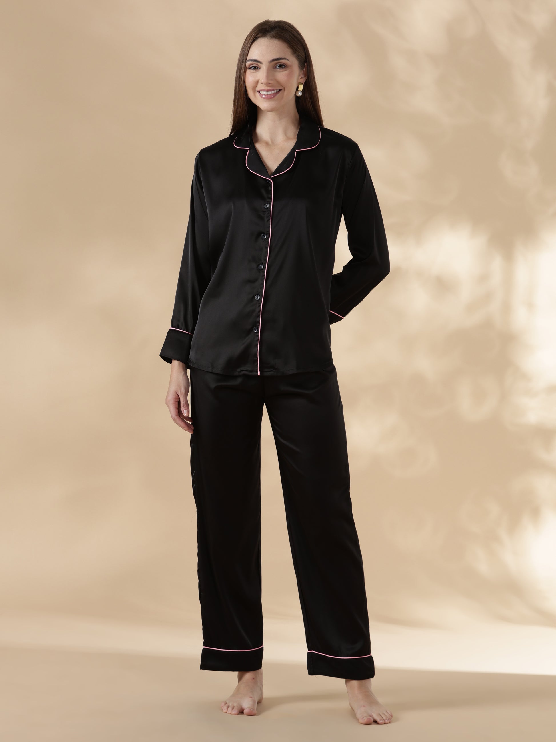 Midnight black long sleeve satin night suit for women