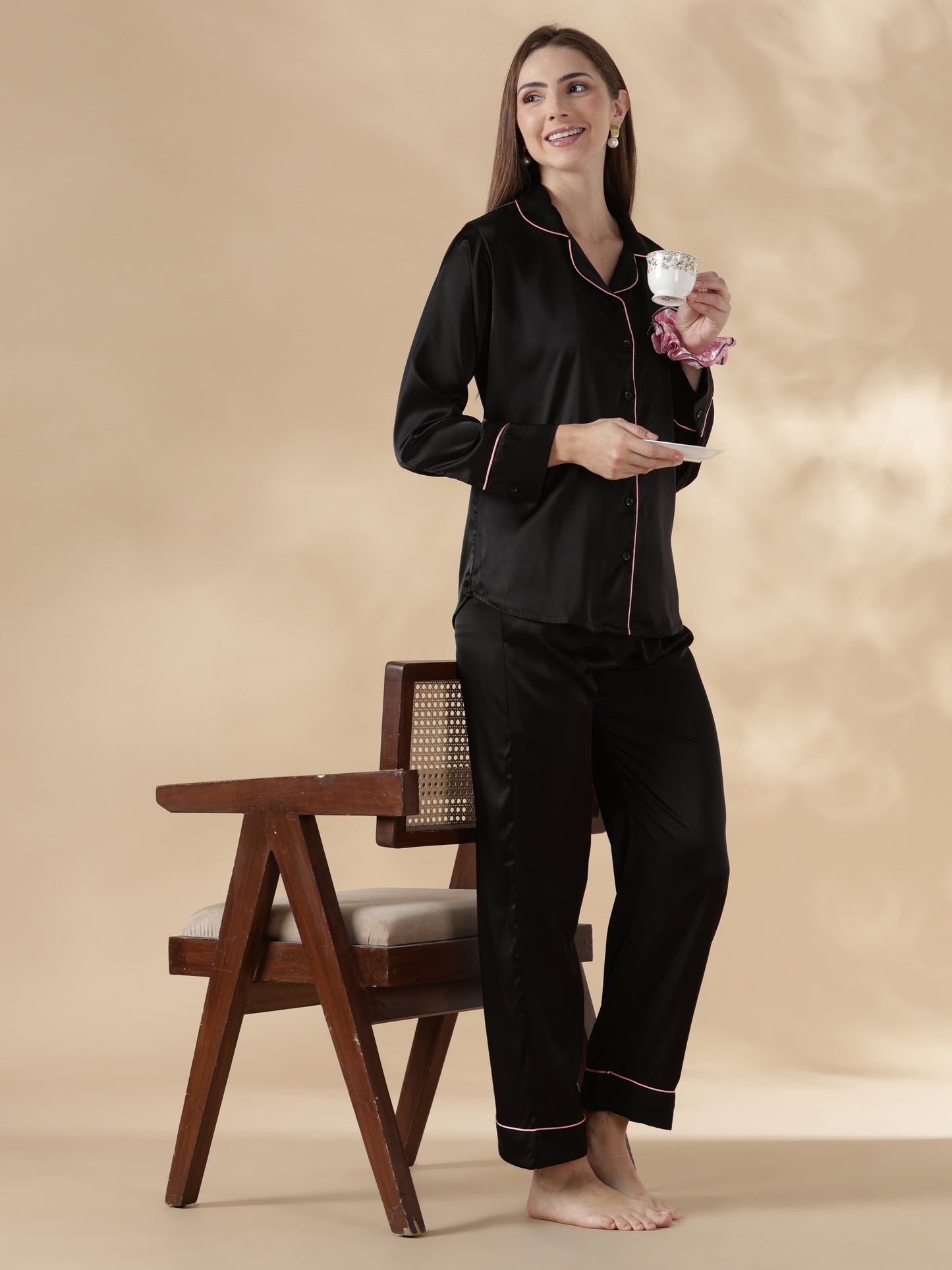 Midnight black long sleeve satin night suit for women