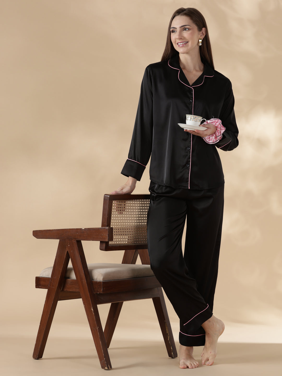 Midnight black long sleeve satin night suit for women