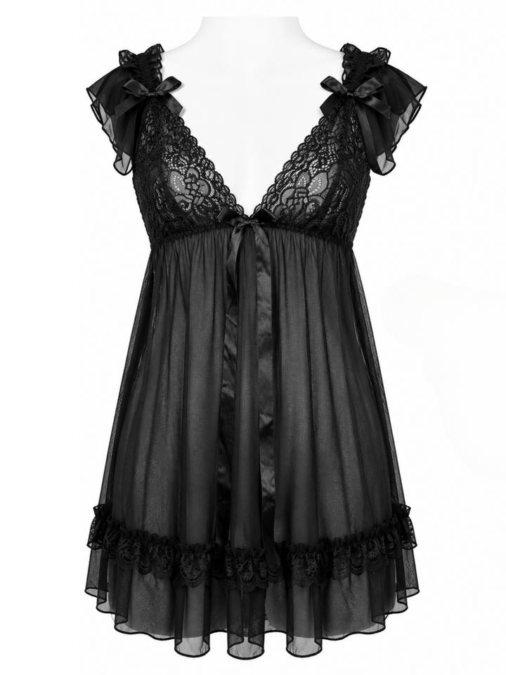 Lovely black sheer powernet babydoll dress with lace cups