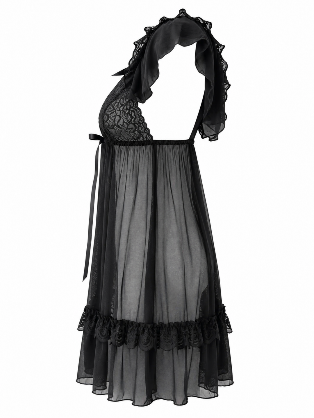 Lovely black sheer powernet babydoll dress with lace cups