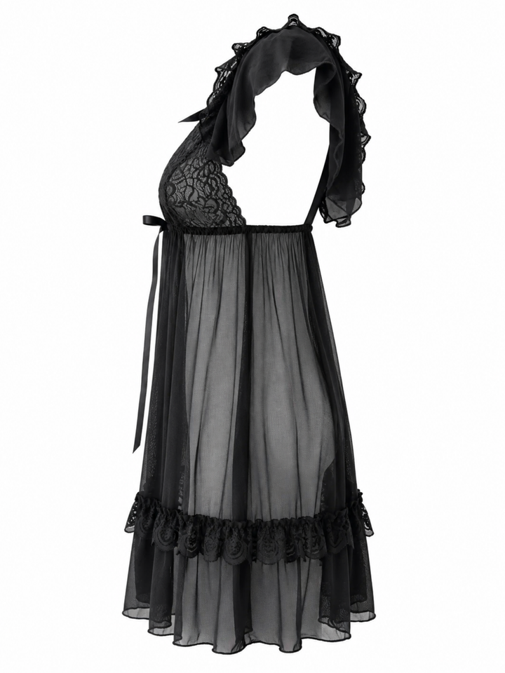 Lovely black sheer powernet babydoll dress with lace cups