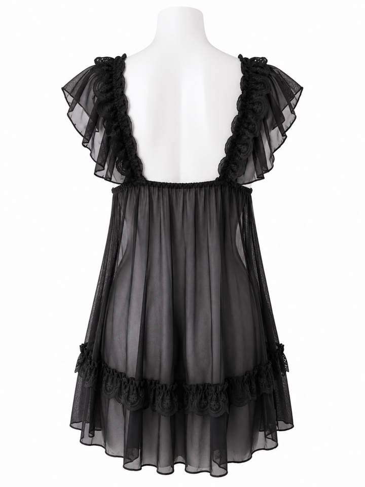 Lovely black sheer powernet babydoll dress with lace cups