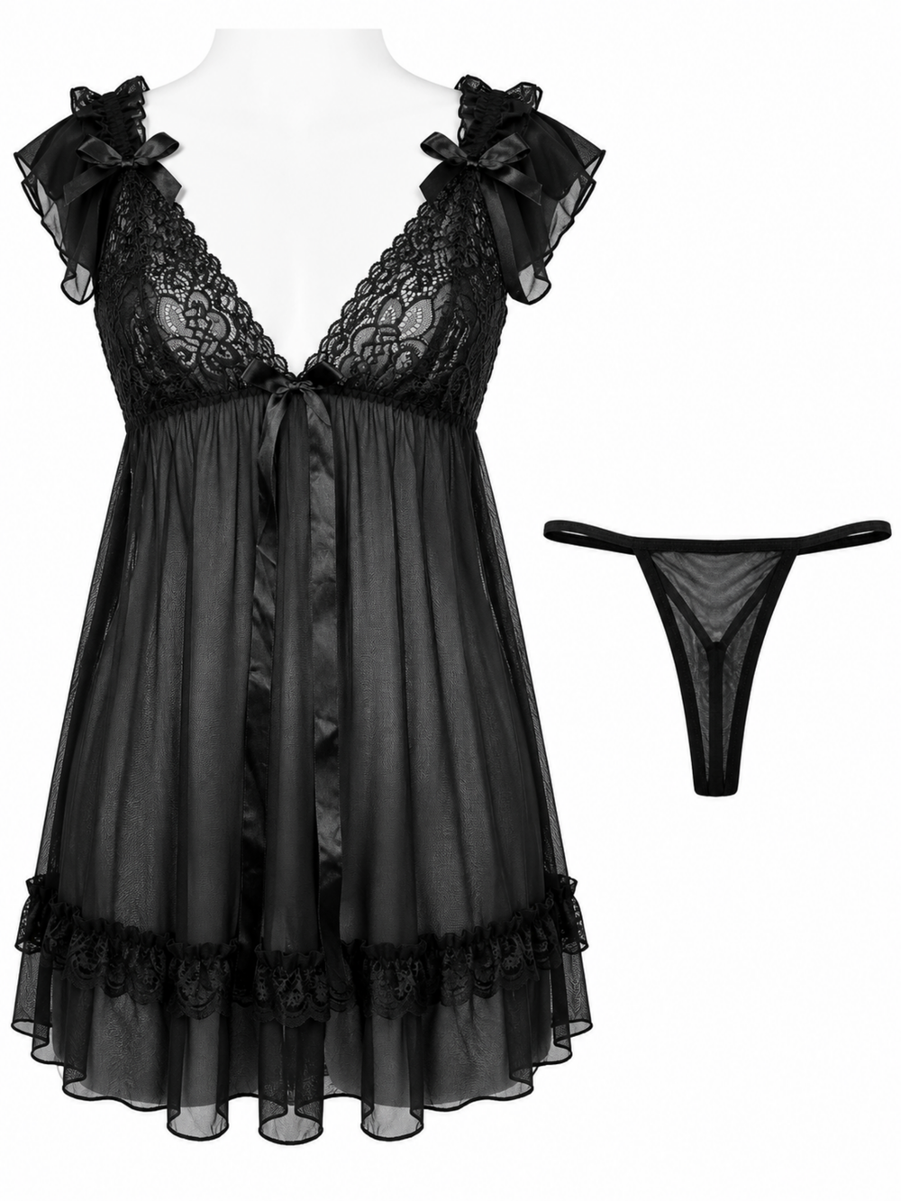Lovely black sheer powernet babydoll dress with lace cups
