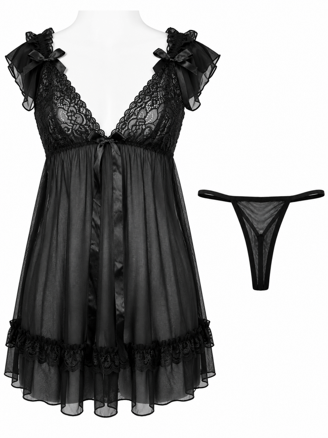 Lovely black sheer powernet babydoll dress with lace cups