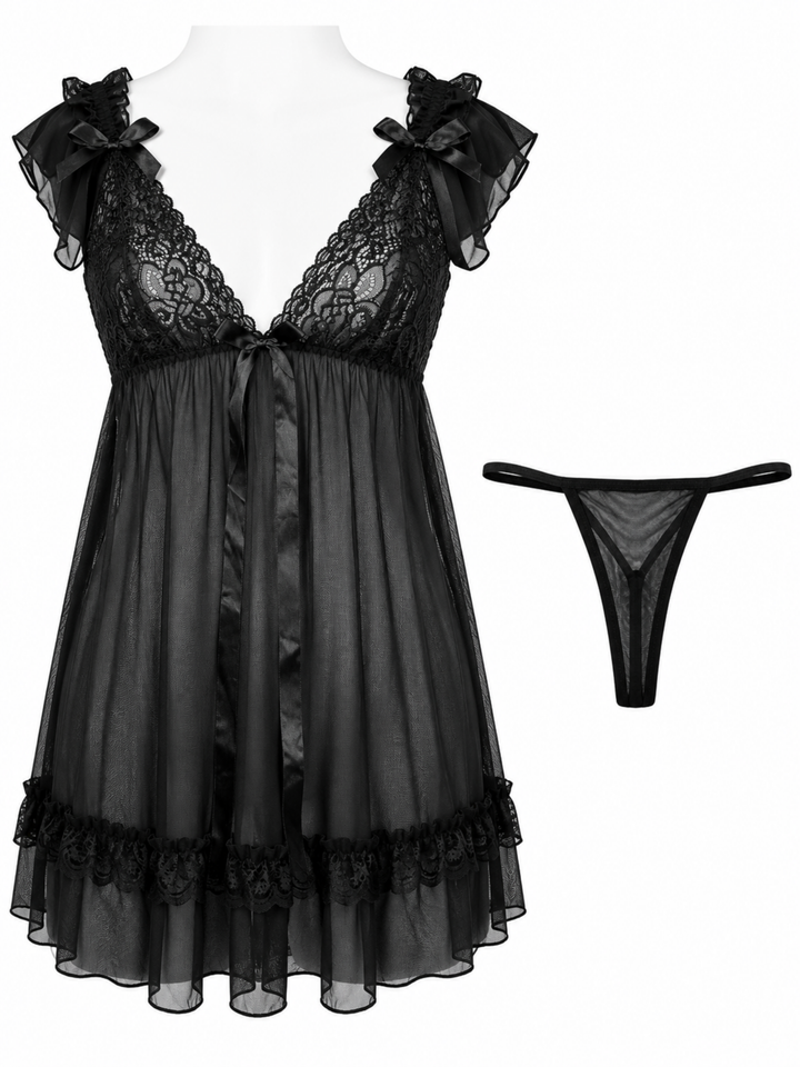 Lovely black sheer powernet babydoll dress with lace cups