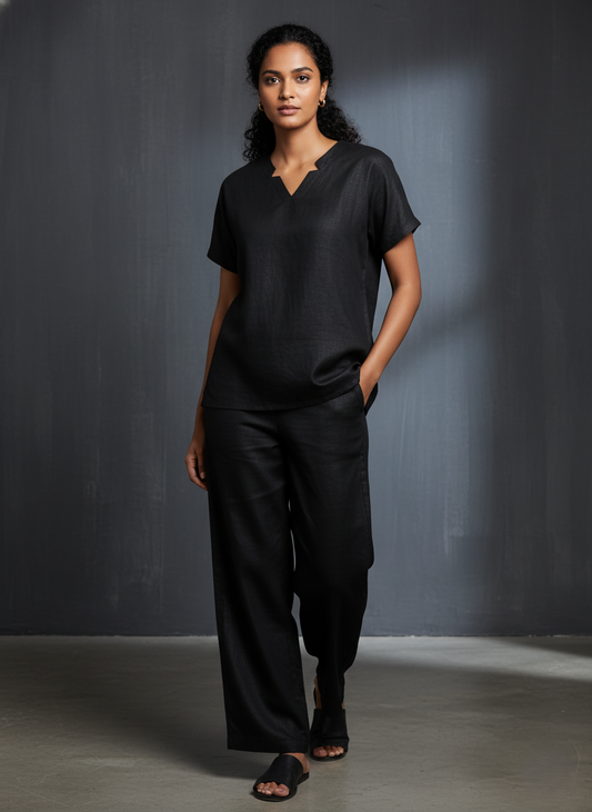 Black Linen Slub Round Neck Night Suit Set for Women