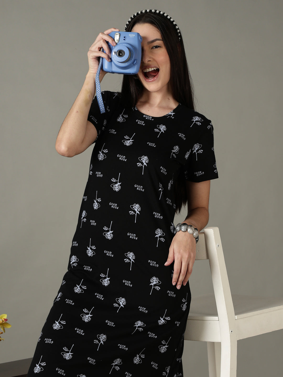 Black floral printed cotton short nighty for women soft fit