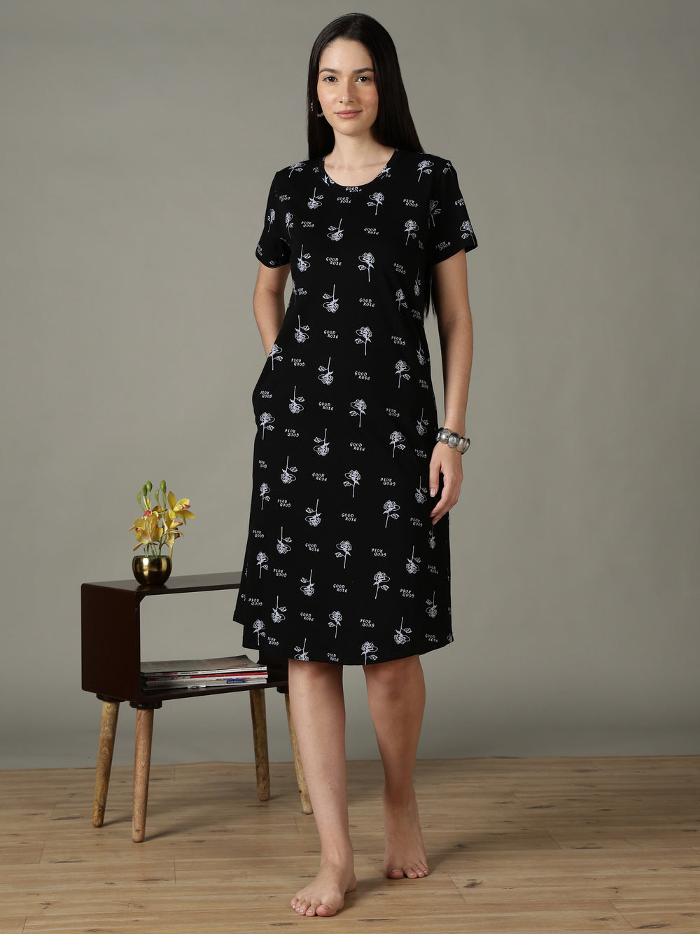 Black floral printed cotton short nighty for women soft fit
