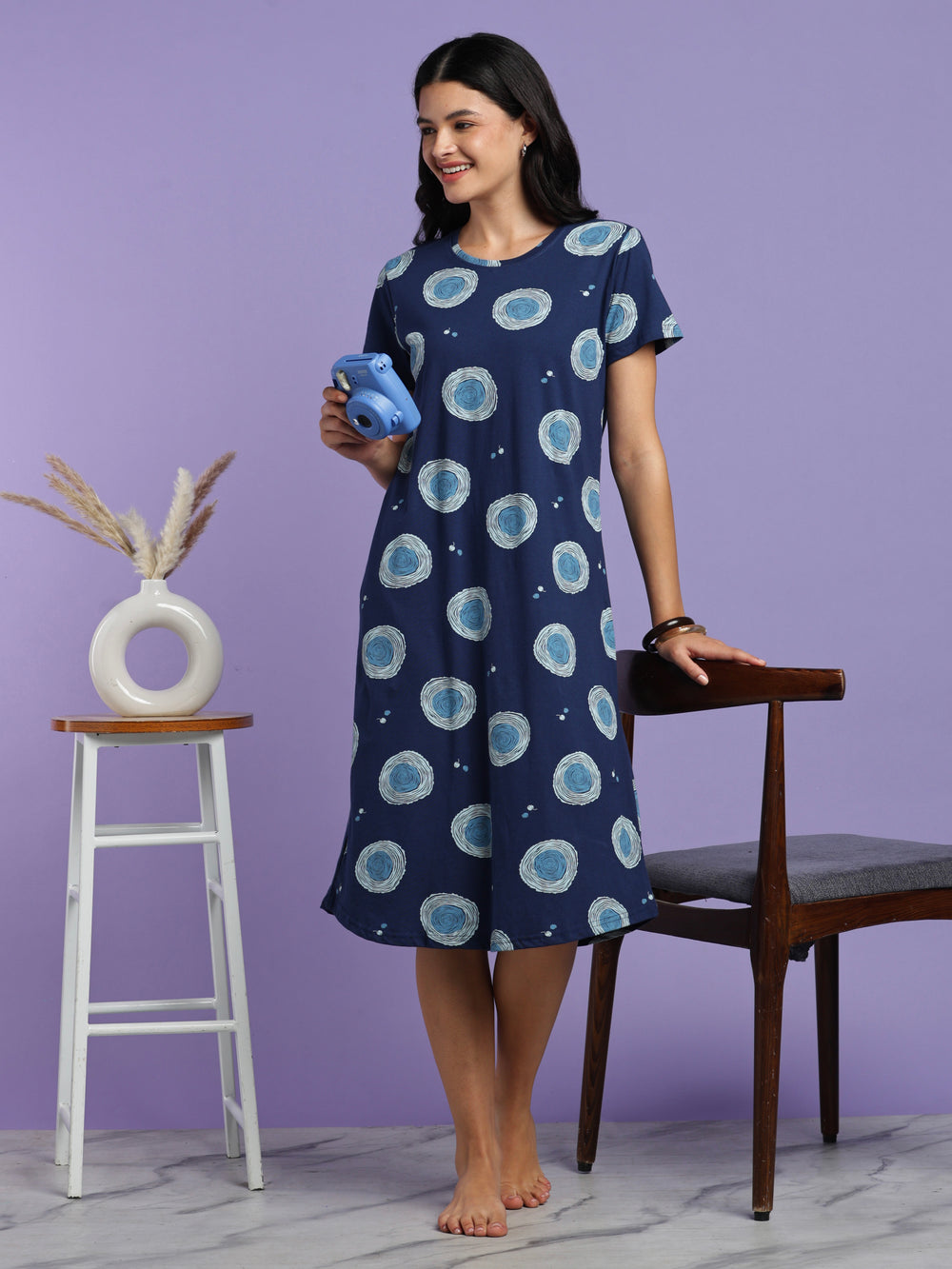 Blue circle cotton knee length nighty for women online