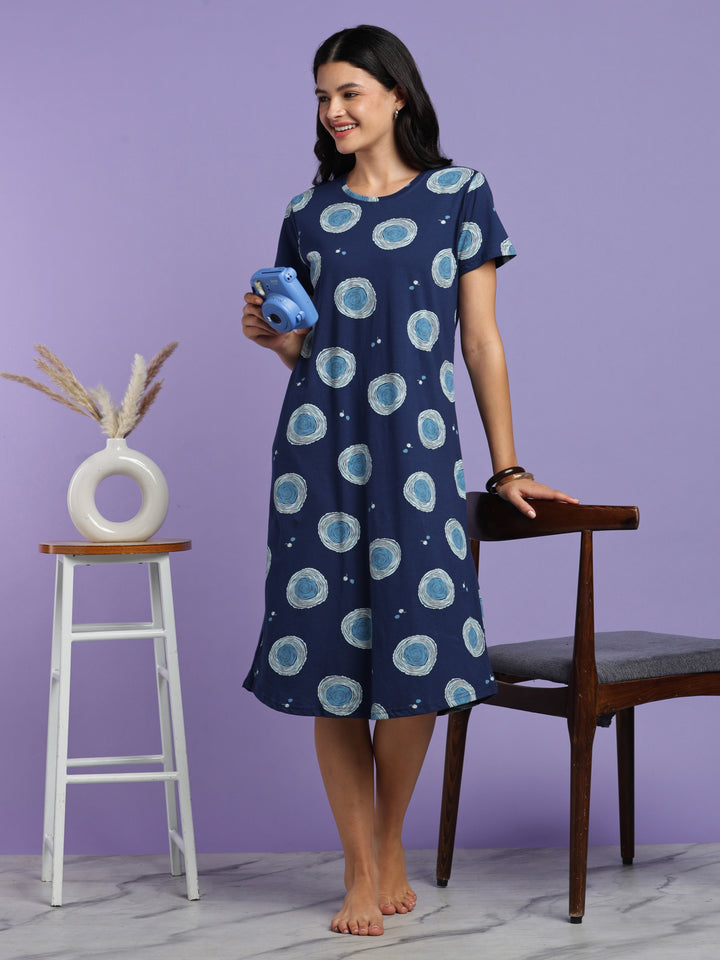 Blue circle cotton knee length nighty for women online