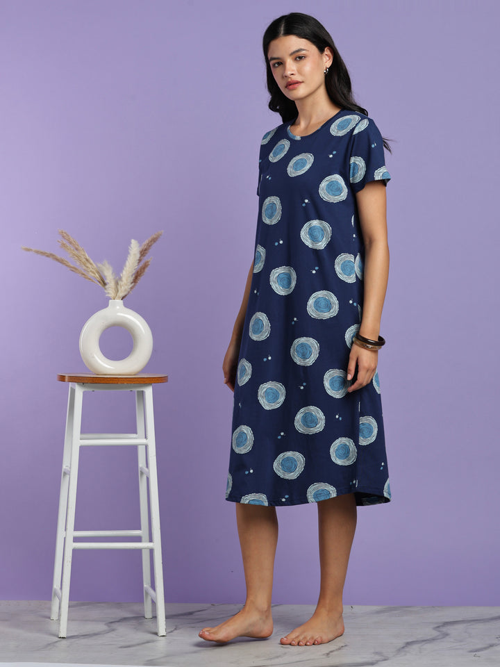 Blue circle cotton knee length nighty for women online