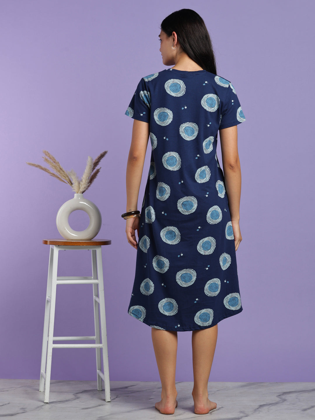 Blue circle cotton knee length nighty for women online